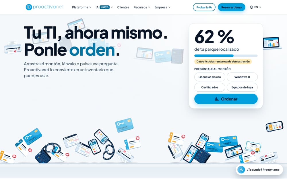 Portada de la idea 3 en escritorio: «Tu TI, ahora mismo. Ponle orden.» con un montón de objetos de TI (equipos, móviles, licencias, certificados) y el botón Ordenar.