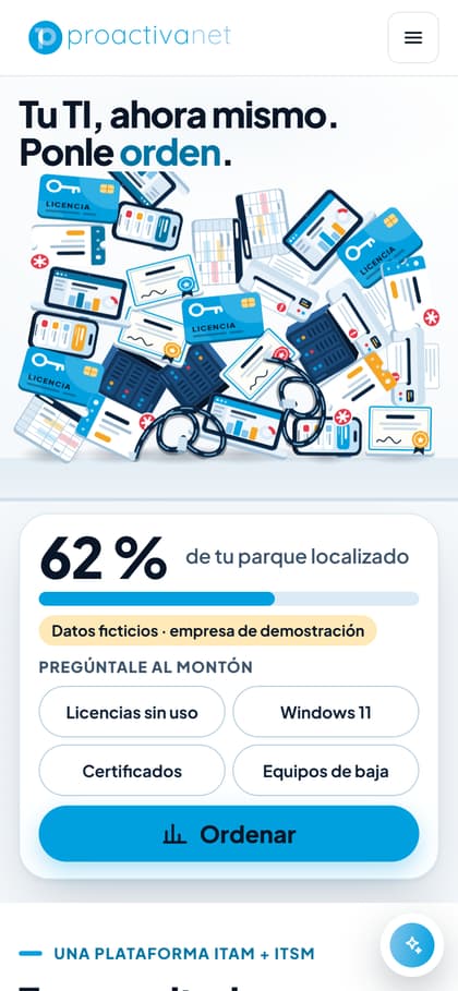 Portada de la idea 3 en un móvil de 390 por 844 píxeles, con el montón de objetos de TI.